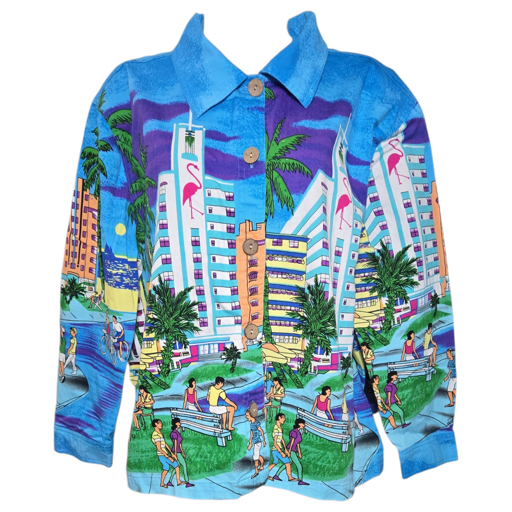 Jane Ashley 1X Top Novelty City Scene Flamingo Beaded Embellished Long Sleeve